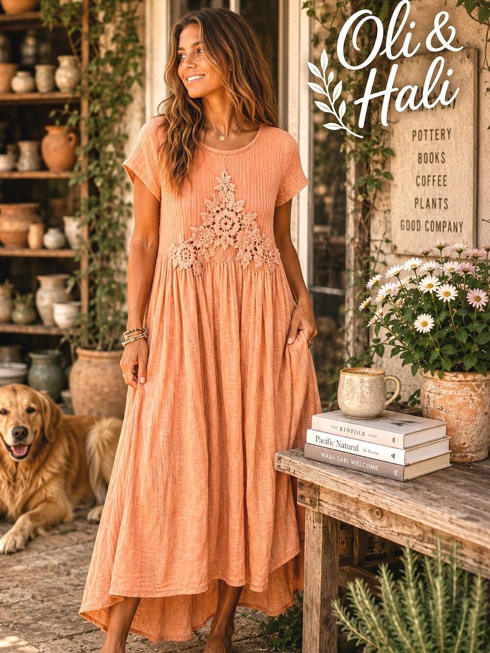 Oli & Hali Washed Cotton Crochet Meadow Boho Cottagecore Whimsy Dress Size L - Picture 2 of 9